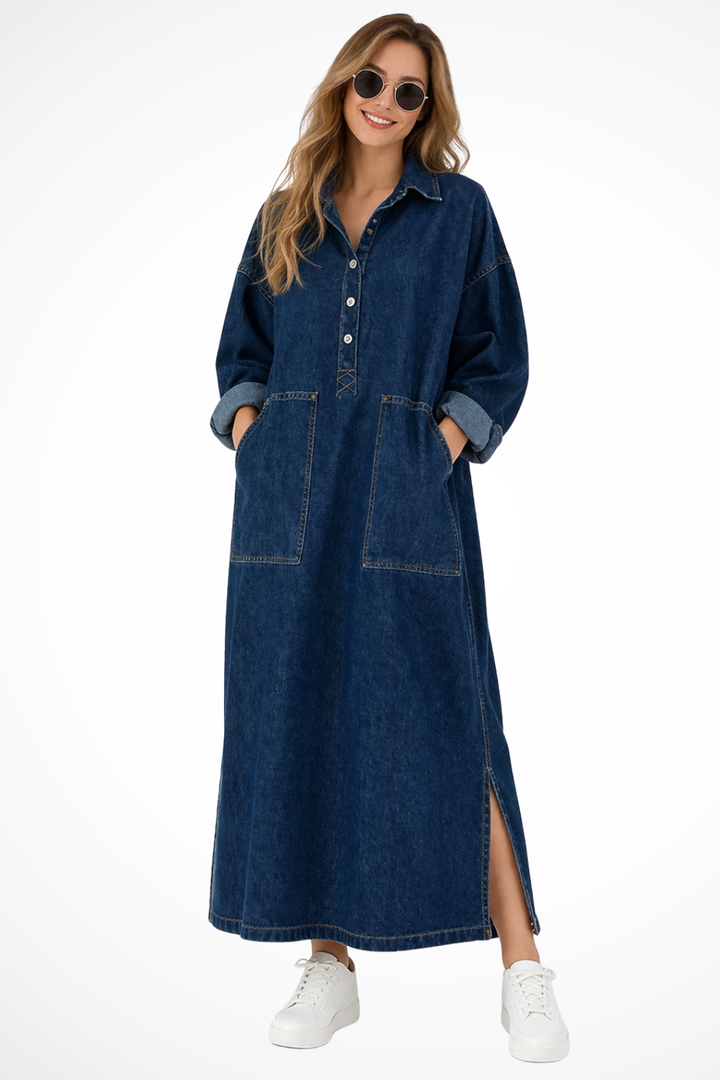 Women's Oversized Denim Maxi Dress | Relaxed Fit Long Sleeve Casual Wear