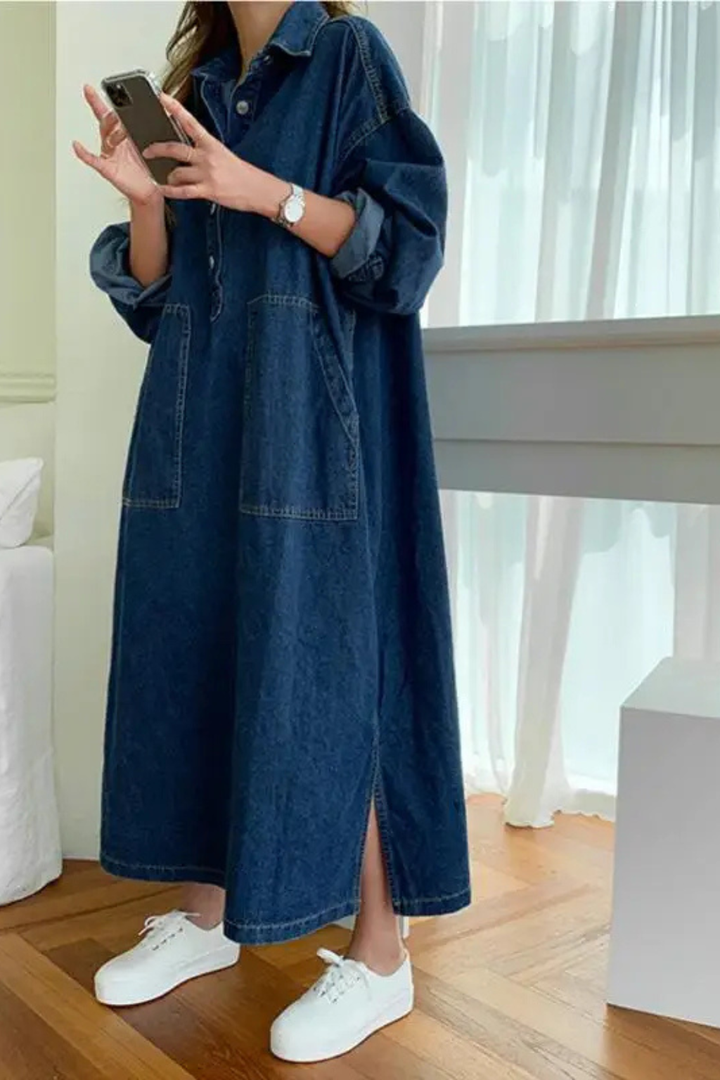 Women's Oversized Denim Maxi Dress | Relaxed Fit Long Sleeve Casual Wear