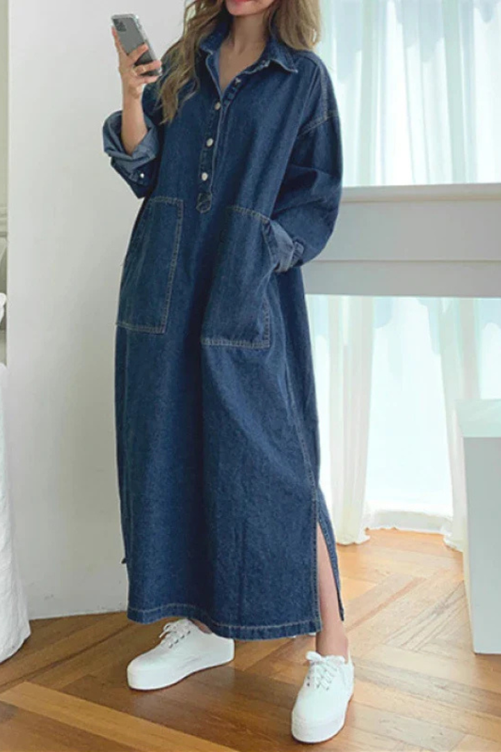 Women's Oversized Denim Maxi Dress | Relaxed Fit Long Sleeve Casual Wear