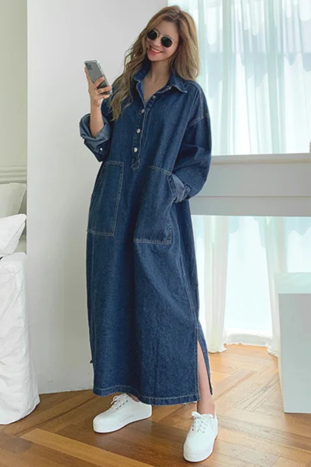 Women's Oversized Denim Maxi Dress | Relaxed Fit Long Sleeve Casual Wear