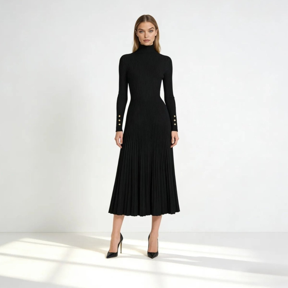Women's Pleated Knit Dress | Elegant Black Turtleneck Midi Style 0