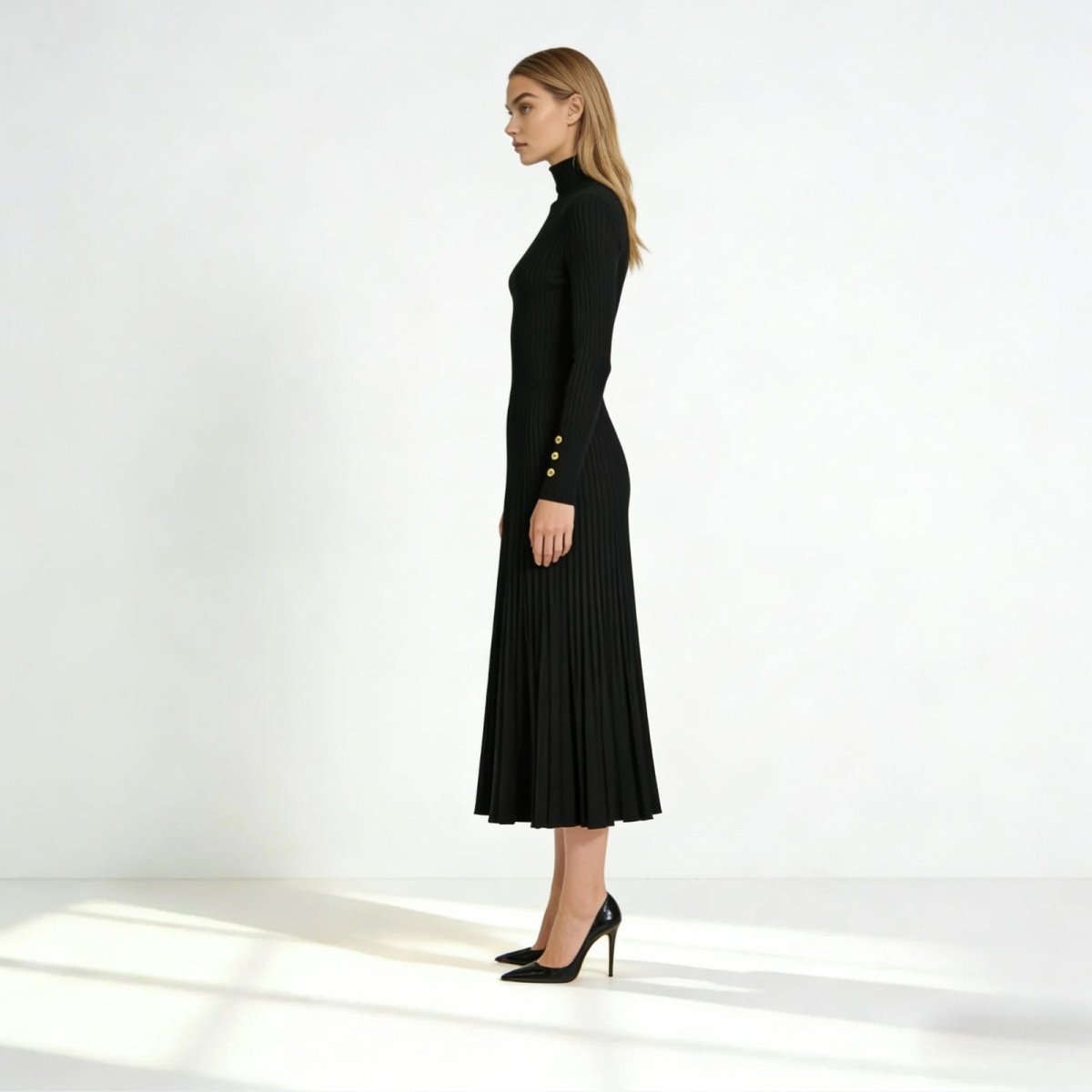 Women's Pleated Knit Dress | Elegant Black Turtleneck Midi Style 1