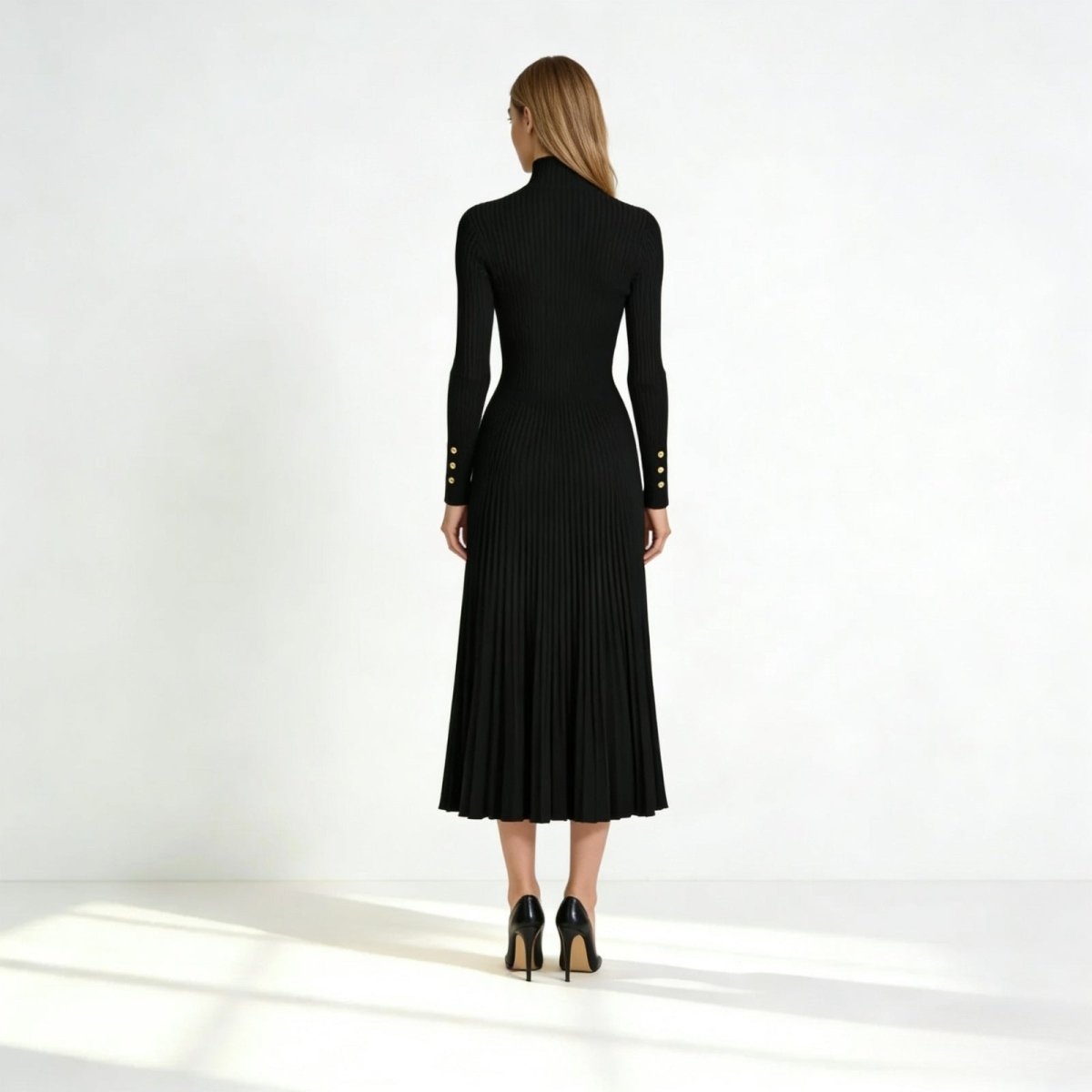 Women's Pleated Knit Dress | Elegant Black Turtleneck Midi Style 2
