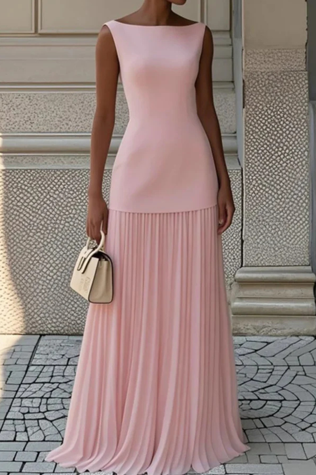 Women's Polyester Blend Pleated Maxi Dress | Elegant Sleeveless Formal Gown 7