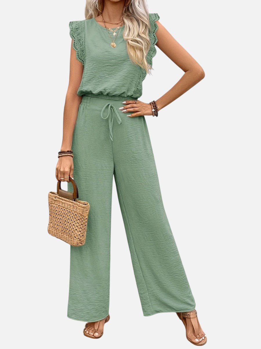 Women's Relaxed Two-Piece Outfit Set with Wide Leg Trousers in Cotton Blend for Everyday Wear