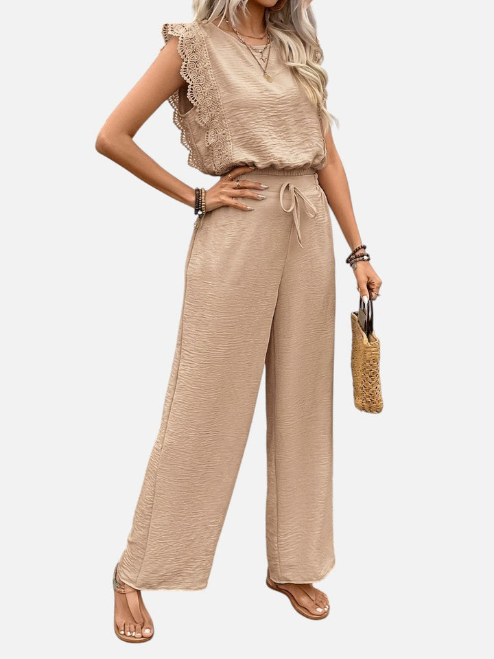 Women's Relaxed Two-Piece Outfit Set with Wide Leg Trousers in Cotton Blend for Everyday Wear