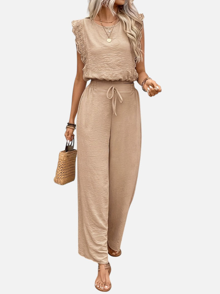 Women's Relaxed Two-Piece Outfit Set with Wide Leg Trousers in Cotton Blend for Everyday Wear