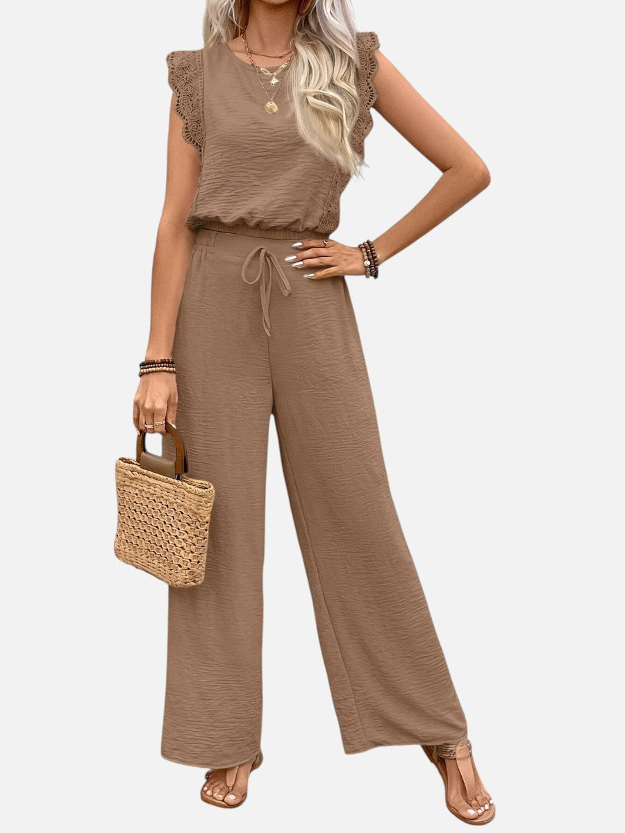 Women's Relaxed Two-Piece Outfit Set with Wide Leg Trousers in Cotton Blend for Everyday Wear