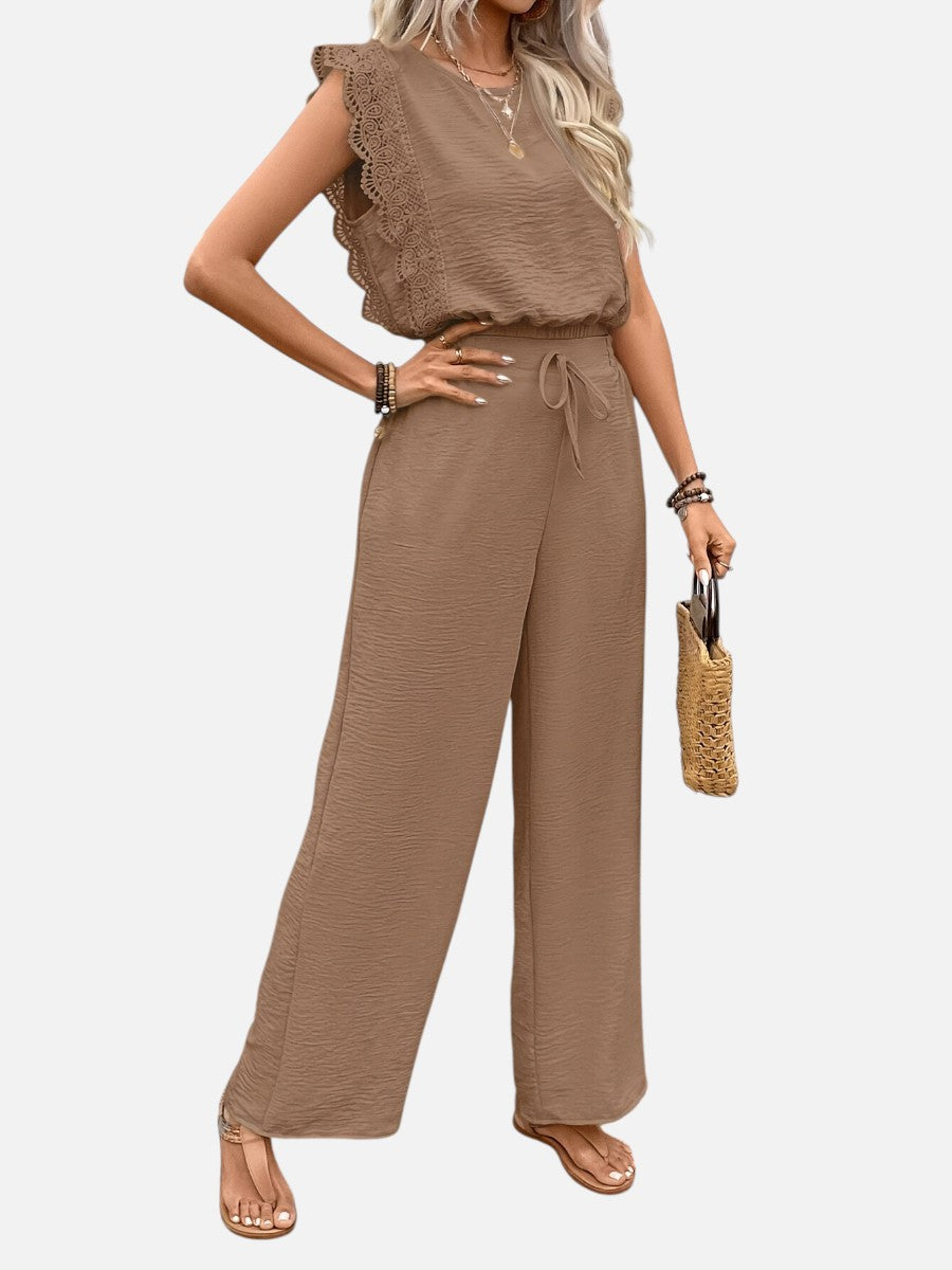 Women's Relaxed Two-Piece Outfit Set with Wide Leg Trousers in Cotton Blend for Everyday Wear