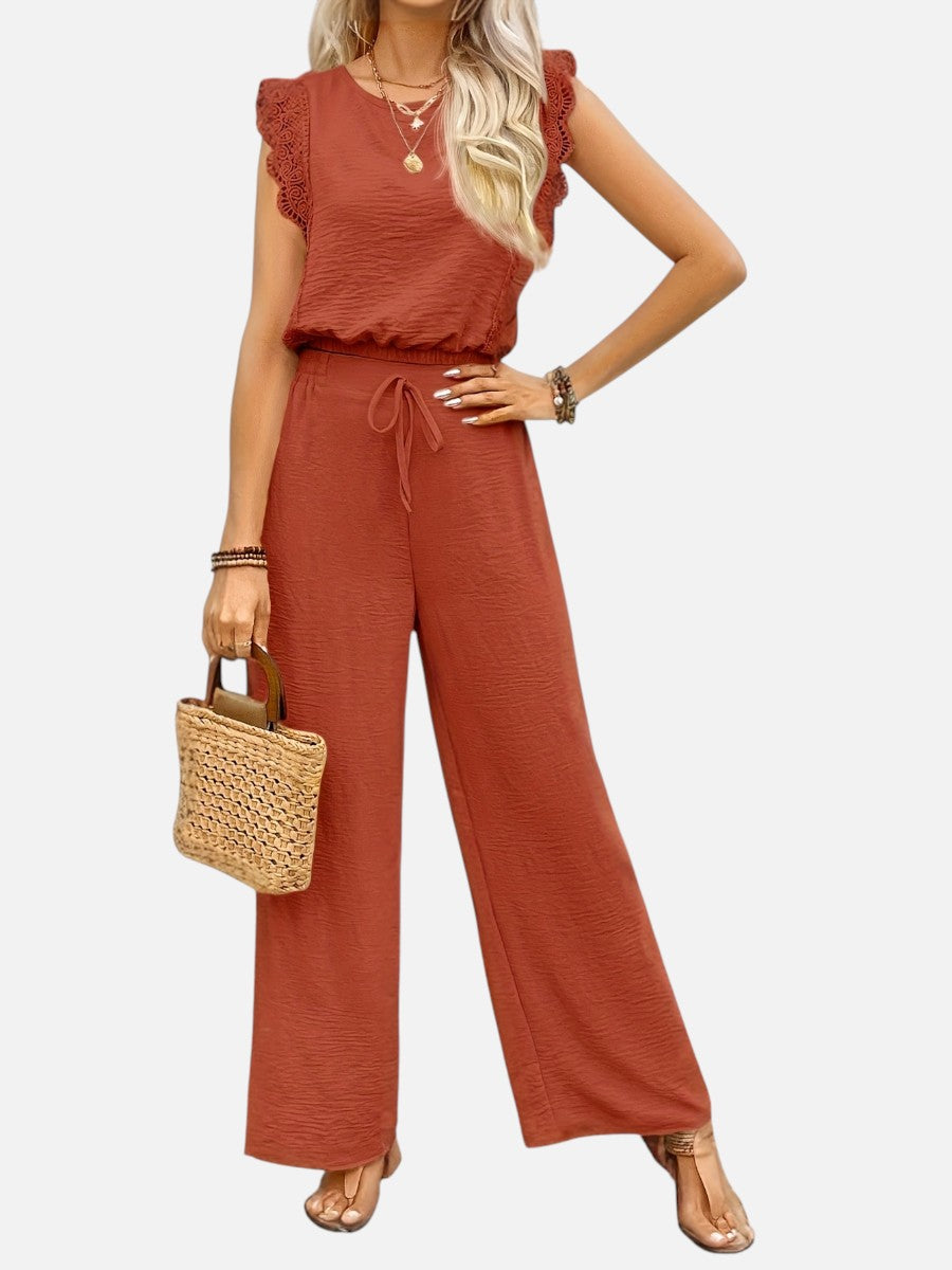 Women's Relaxed Two-Piece Outfit Set with Wide Leg Trousers in Cotton Blend for Everyday Wear