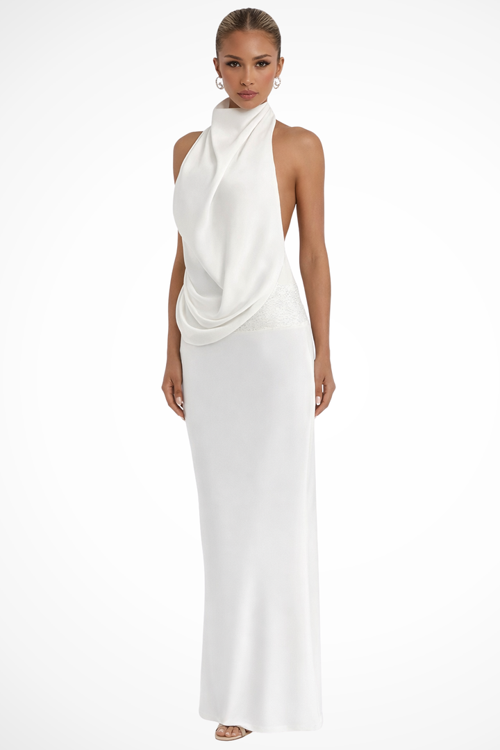 Women's Satin Halter Neck Maxi Dress | Elegant Draped Formal Gown for Special Occasions