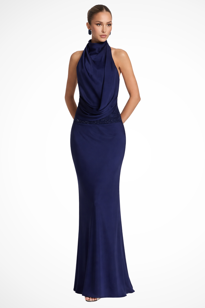 Women's Satin Halter Neck Maxi Dress | Elegant Draped Formal Gown for Special Occasions