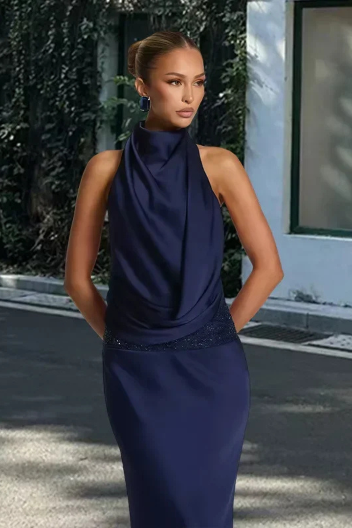 Women's Satin Halter Neck Maxi Dress | Elegant Draped Formal Gown for Special Occasions