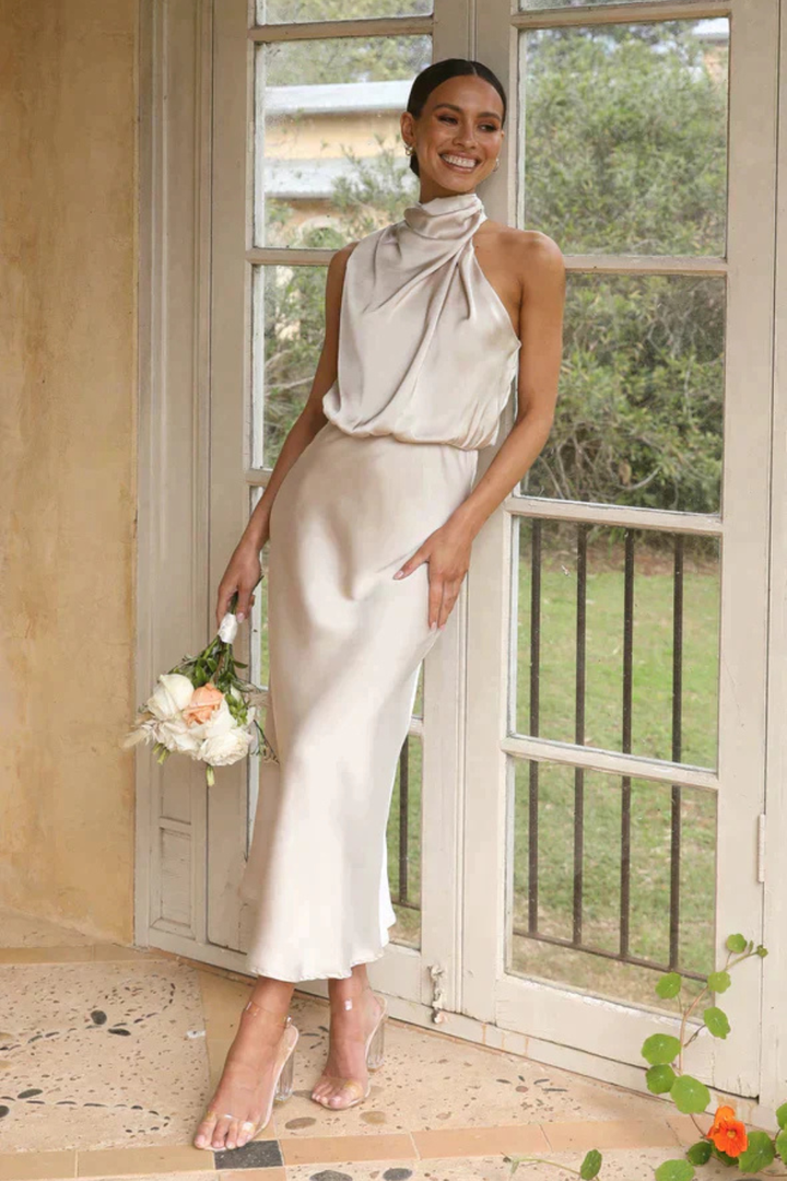 Women's Satin Halter Neck Midi Dress | Elegant Cocktail Dress for Formal Events