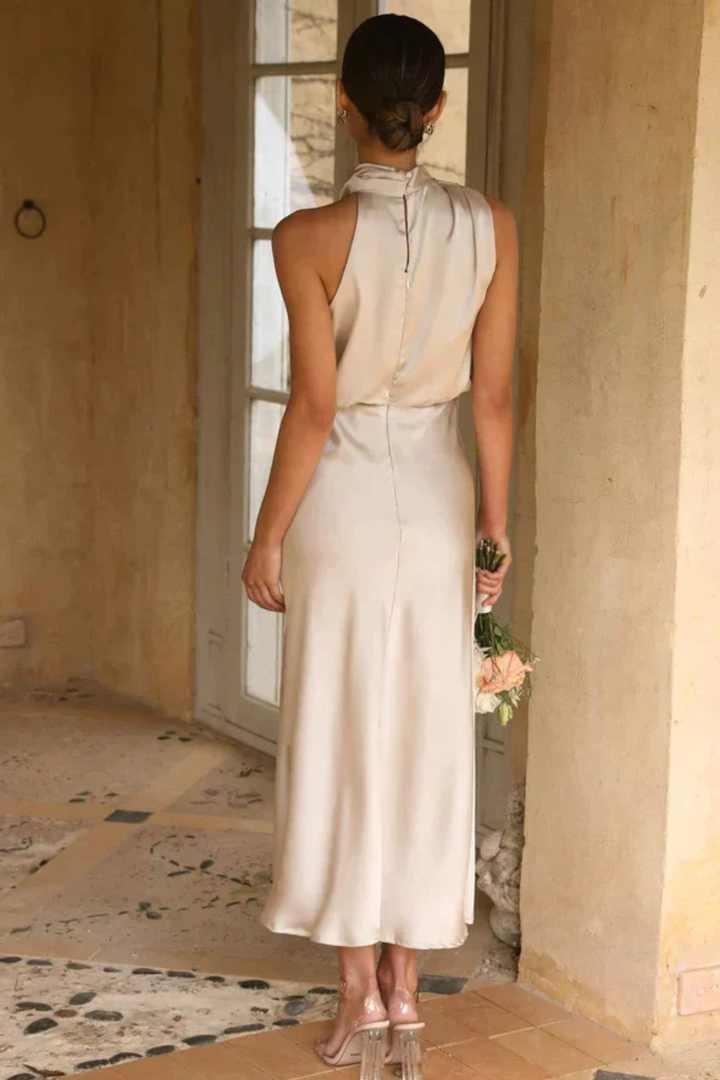Women's Satin Halter Neck Midi Dress | Elegant Cocktail Dress for Formal Events