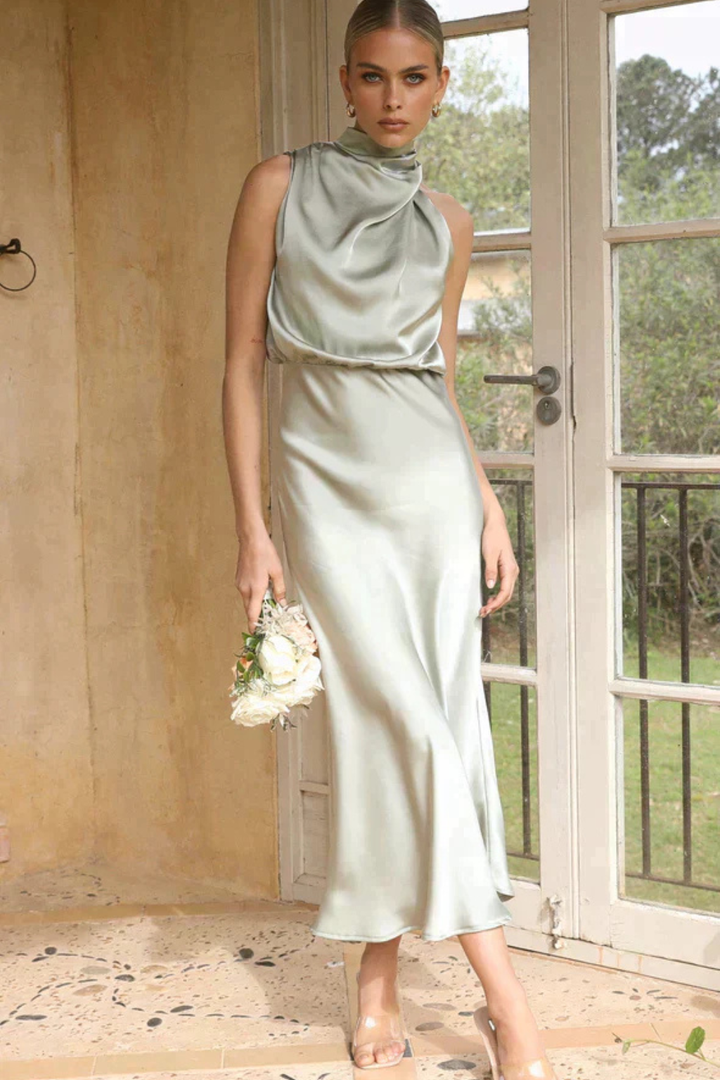 Women's Satin Halter Neck Midi Dress | Elegant Cocktail Dress for Formal Events
