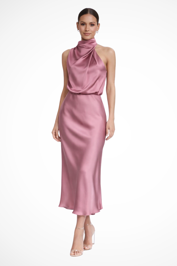 Women's Satin Halter Neck Midi Dress | Elegant Cocktail Dress for Formal Events