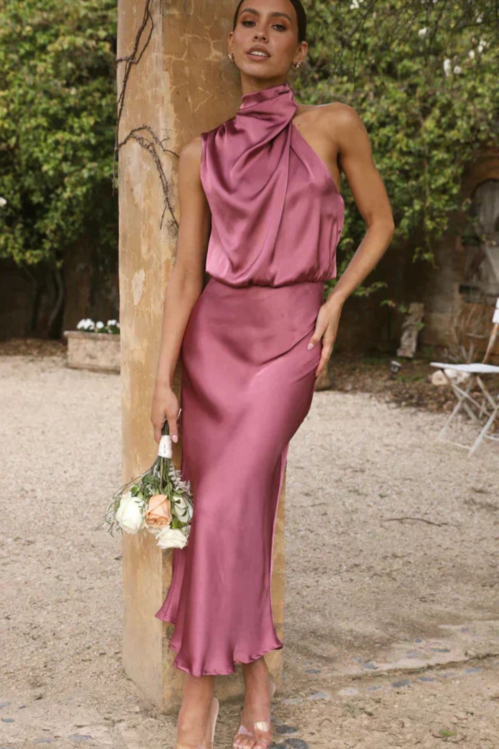 Women's Satin Halter Neck Midi Dress | Elegant Cocktail Dress for Formal Events