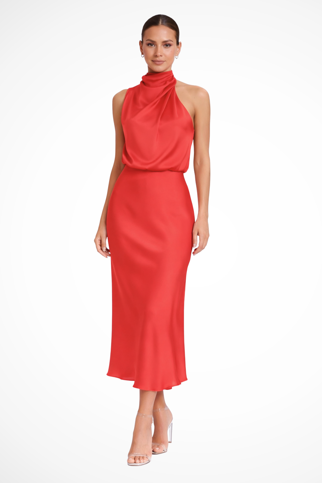 Women's Satin Halter Neck Midi Dress | Elegant Cocktail Dress for Formal Events