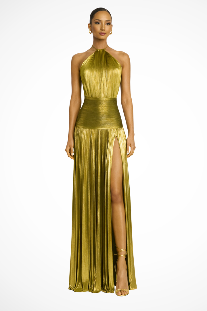 Women's Satin Maxi Dress | Elegant Halter Neck Pleated Gown with High Slit 0