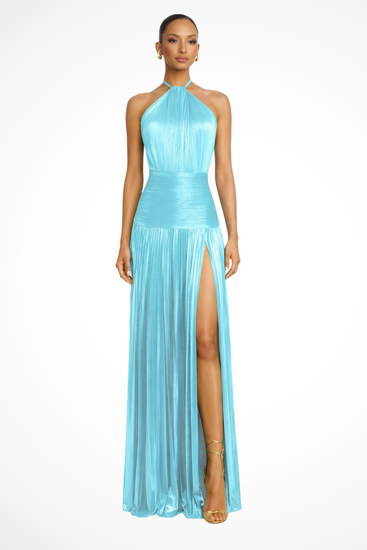 Women's Satin Maxi Dress | Elegant Halter Neck Pleated Gown with High Slit 10