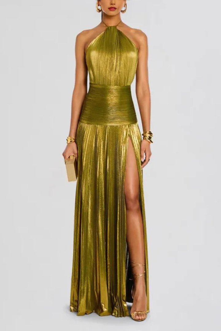 Women's Satin Maxi Dress | Elegant Halter Neck Pleated Gown with High Slit 2