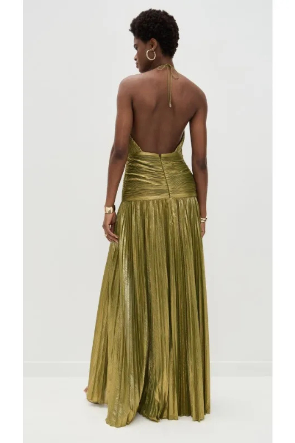 Women's Satin Maxi Dress | Elegant Halter Neck Pleated Gown with High Slit 4