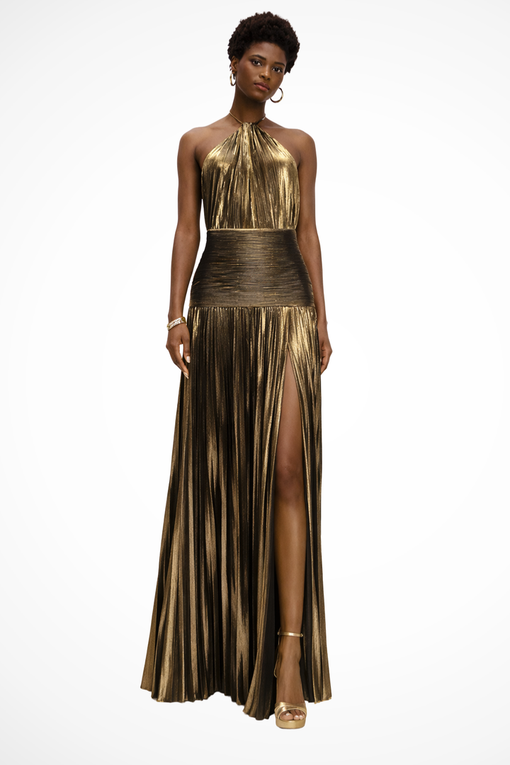 Women's Satin Maxi Dress | Elegant Halter Neck Pleated Gown with High Slit 7