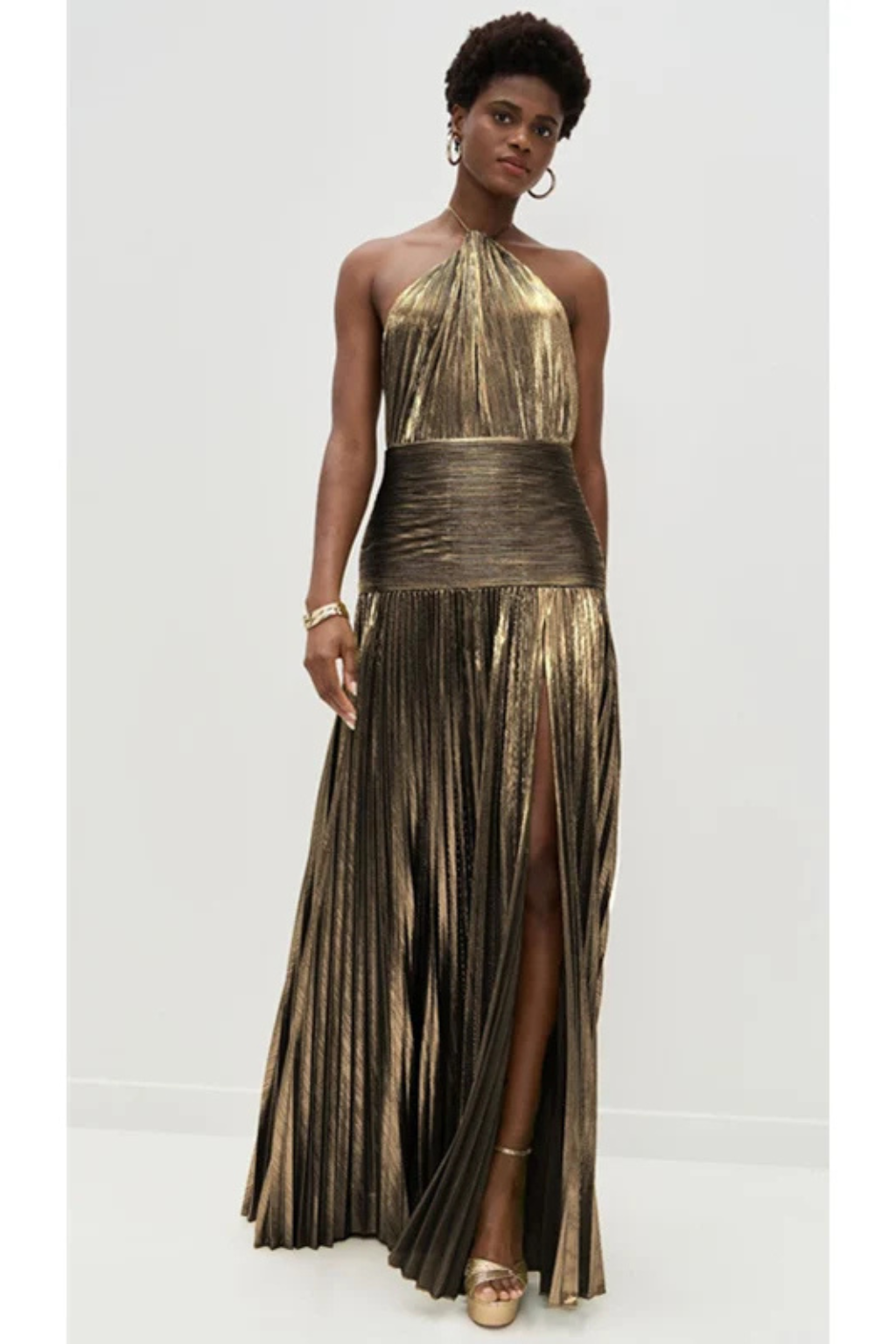 Women's Satin Maxi Dress | Elegant Halter Neck Pleated Gown with High Slit 8