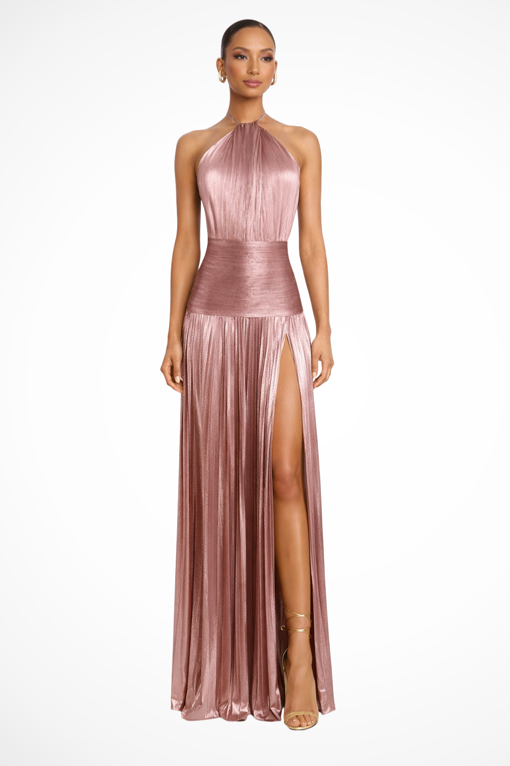 Women's Satin Maxi Dress | Elegant Halter Neck Pleated Gown with High Slit 9