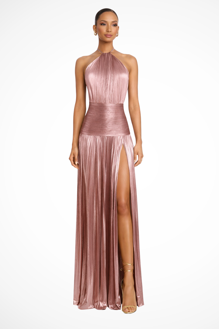 Women's Satin Maxi Dress | Elegant Halter Neck Pleated Gown with High Slit 9