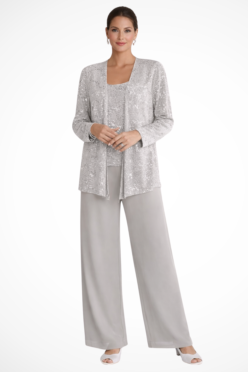 Women's Sequin Lace Three-Piece Suit | Elegant Wide Leg Trousers for Mother of the Groom Outfits 0