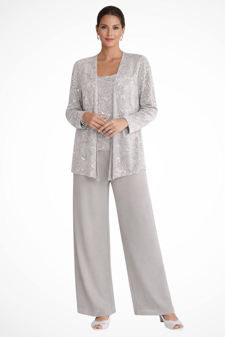 Women's Sequin Lace Three-Piece Suit | Elegant Wide Leg Trousers for Mother of the Groom Outfits 0