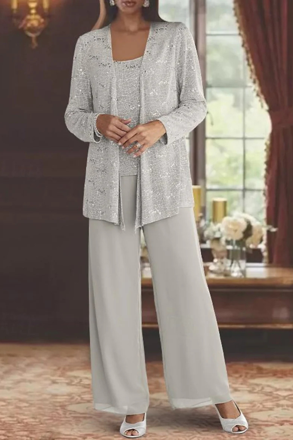 Women's Sequin Lace Three-Piece Suit | Elegant Wide Leg Trousers for Mother of the Groom Outfits 1