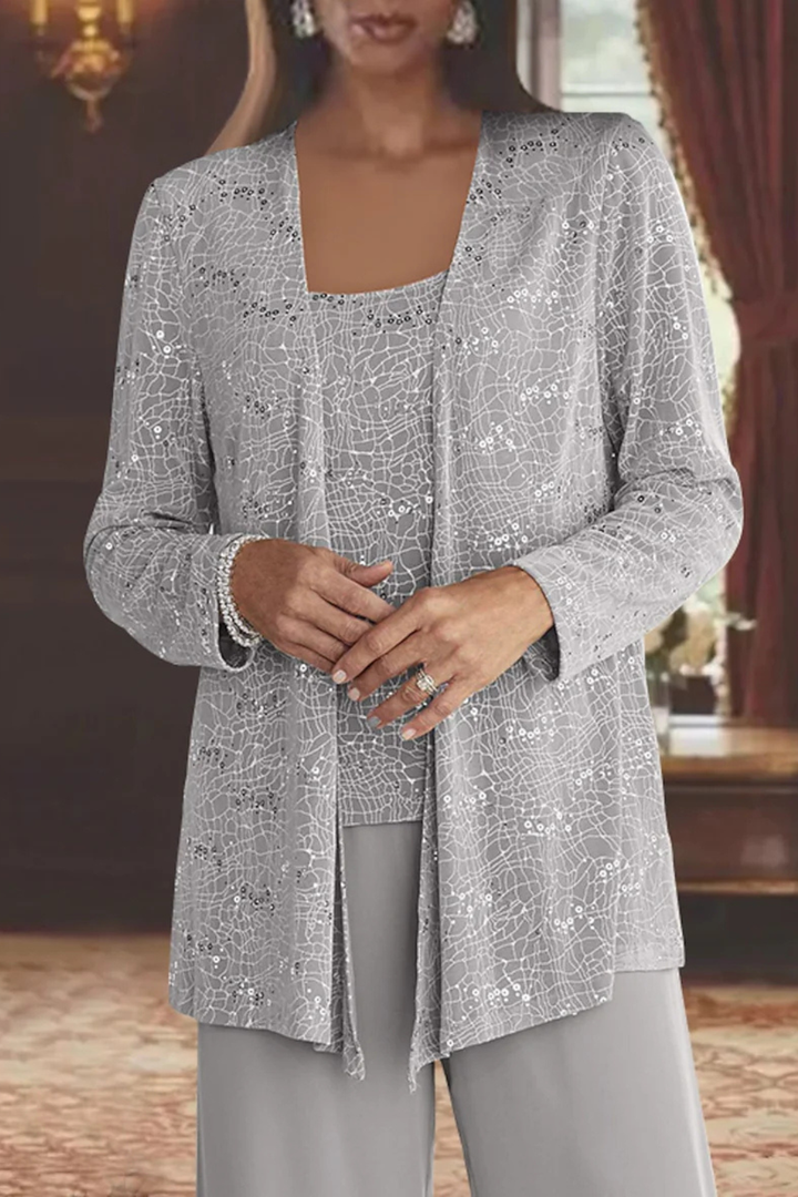 Women's Sequin Lace Three-Piece Suit | Elegant Wide Leg Trousers for Mother of the Groom Outfits 2