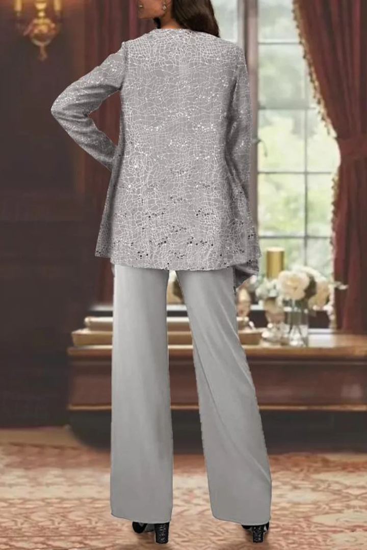 Women's Sequin Lace Three-Piece Suit | Elegant Wide Leg Trousers for Mother of the Groom Outfits 3