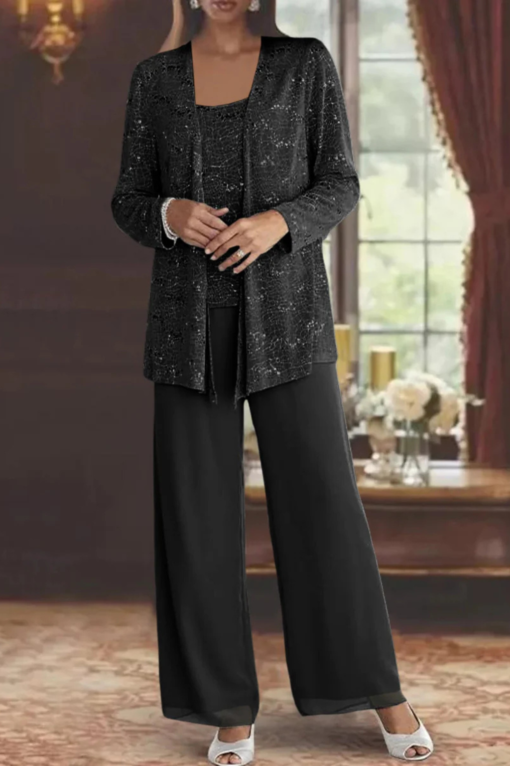 Women's Sequin Lace Three-Piece Suit | Elegant Wide Leg Trousers for Mother of the Groom Outfits 5