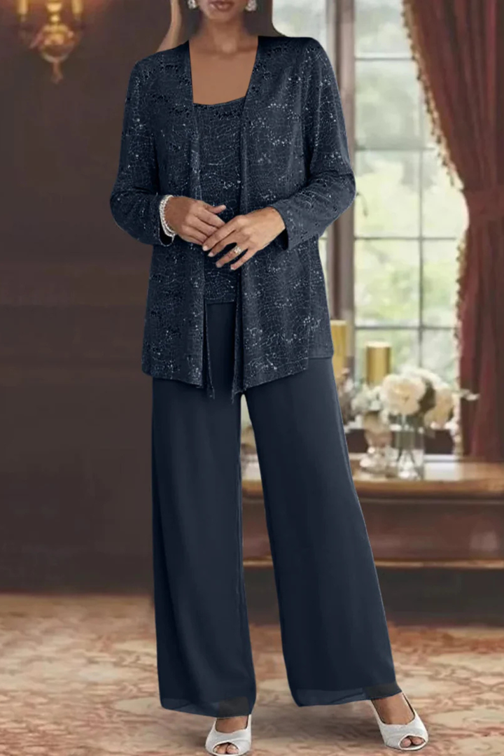 Women's Sequin Lace Three-Piece Suit | Elegant Wide Leg Trousers for Mother of the Groom Outfits 7