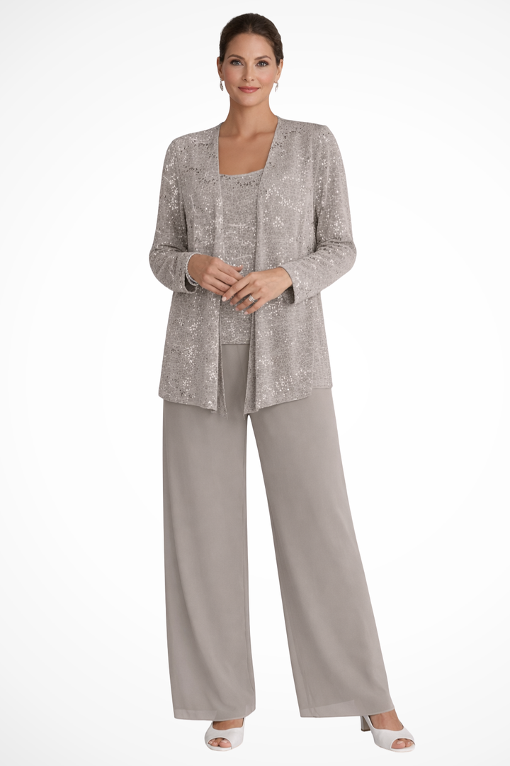 Women's Sequin Lace Three-Piece Suit | Elegant Wide Leg Trousers for Mother of the Groom Outfits 8