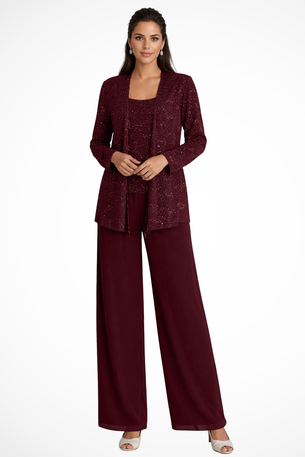 Women's Sequin Lace Three-Piece Suit | Elegant Wide Leg Trousers for Mother of the Groom Outfits 9