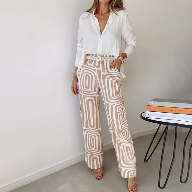 Women's Set: Elegant Two-Piece Flowing Shirt and Patterned Trousers for Versatile Occasions