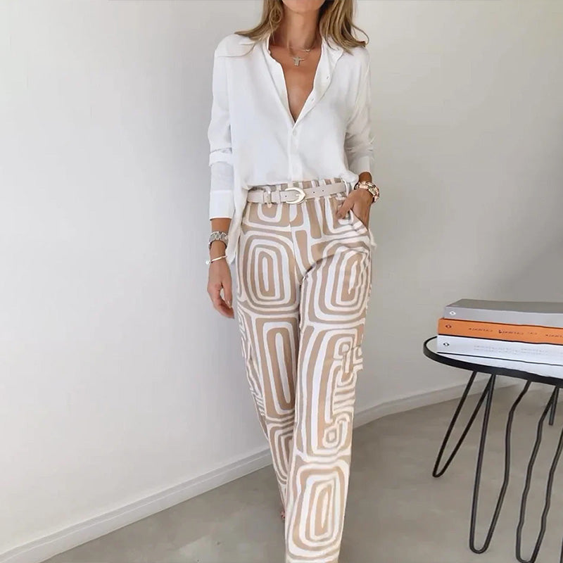 Women's Set: Elegant Two-Piece Flowing Shirt and Patterned Trousers for Versatile Occasions