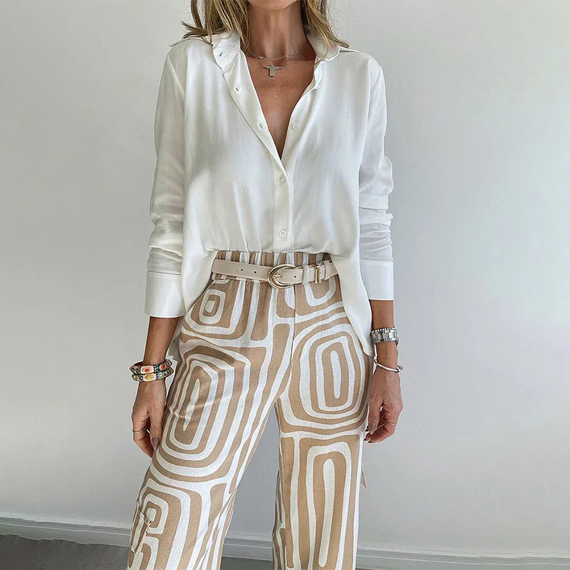 Women's Set: Elegant Two-Piece Flowing Shirt and Patterned Trousers for Versatile Occasions
