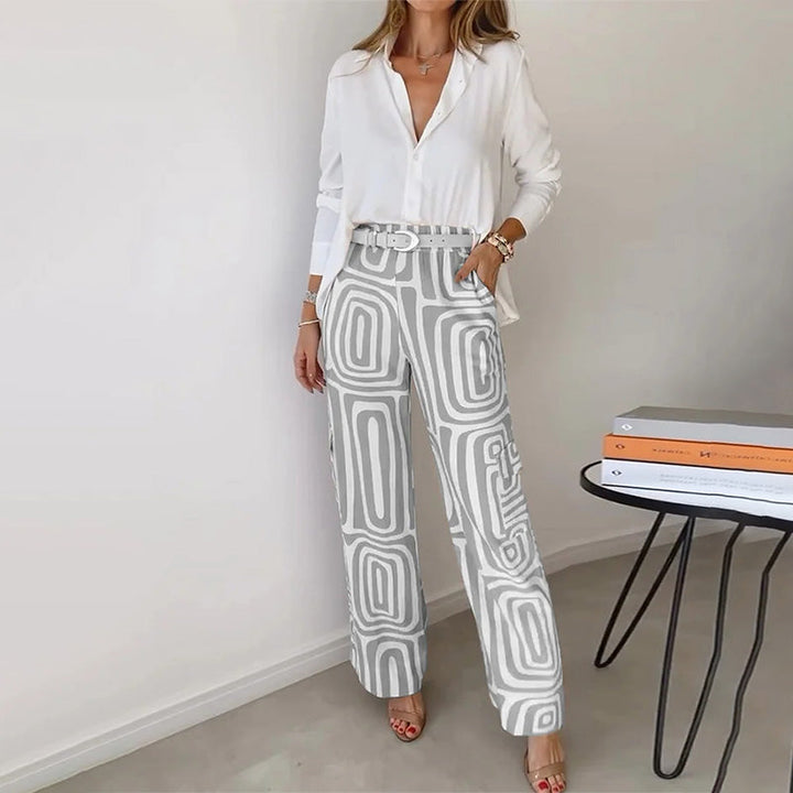 Women's Set: Elegant Two-Piece Flowing Shirt and Patterned Trousers for Versatile Occasions