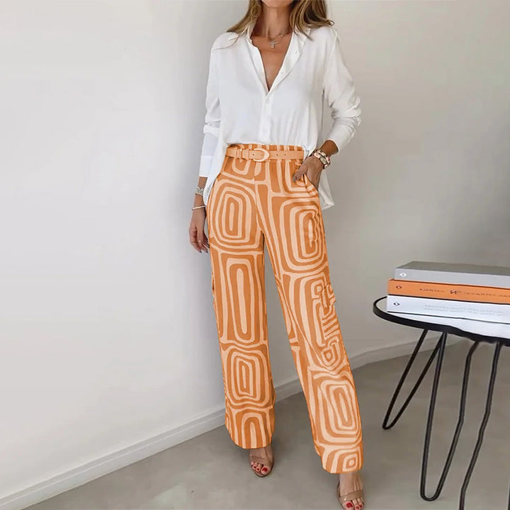 Women's Set: Elegant Two-Piece Flowing Shirt and Patterned Trousers for Versatile Occasions