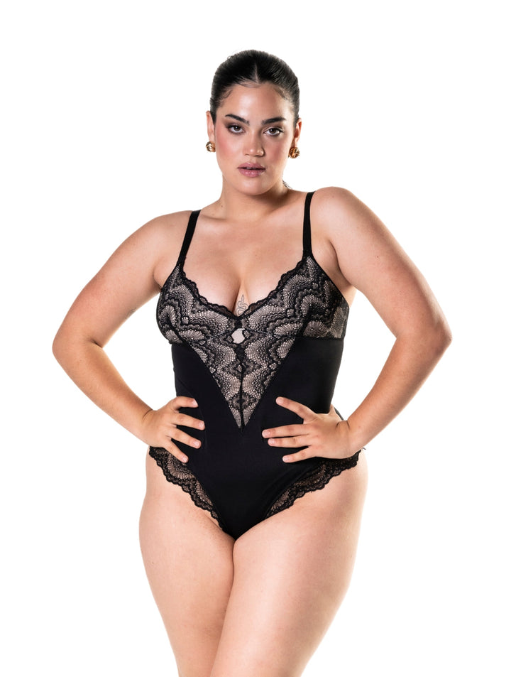 Women's Shapewear Bodysuit Low Back Lace Panel Compression Fit