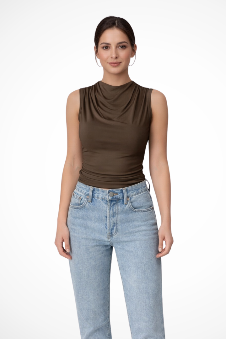 Women's Sleeveless Peplum Top with Draped Neckline in Lightweight Fabric for Everyday Wear 0