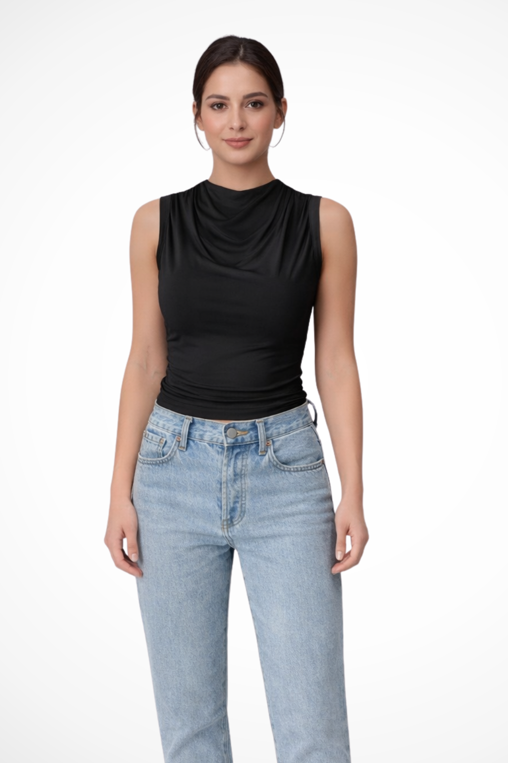 Women's Sleeveless Peplum Top with Draped Neckline in Lightweight Fabric for Everyday Wear 1