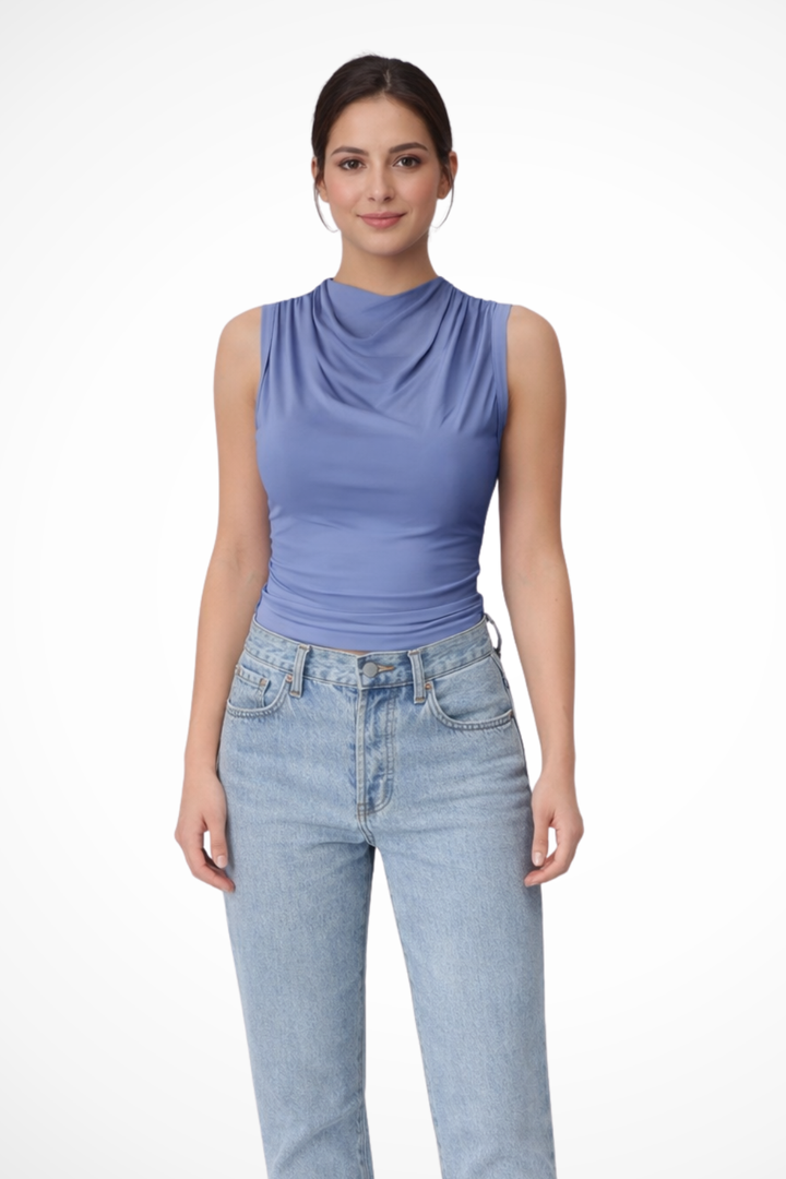 Women's Sleeveless Peplum Top with Draped Neckline in Lightweight Fabric for Everyday Wear 2