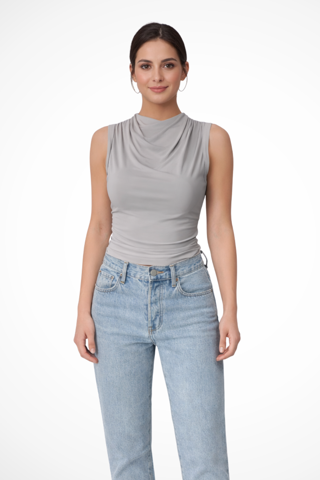 Women's Sleeveless Peplum Top with Draped Neckline in Lightweight Fabric for Everyday Wear 3